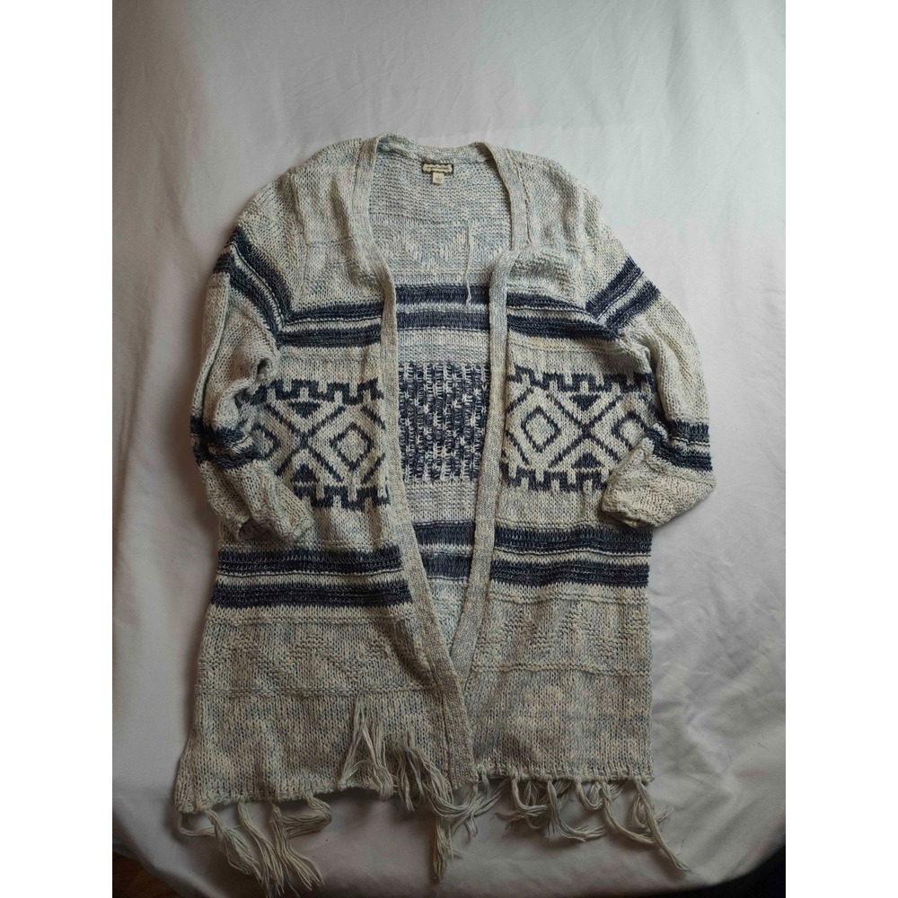 Eyeshadow Cardigan Sweater Womens Large Ivory Blue Aztec Knit Fringe Cozy Boho‎